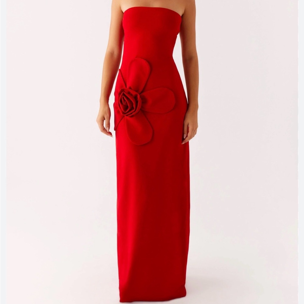 Peppermayo Strapless Red Dress with Rose Accent